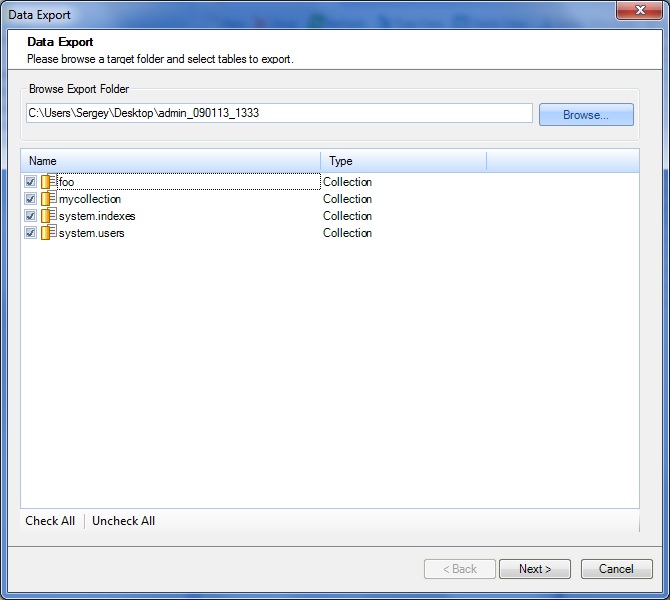 select tables for export