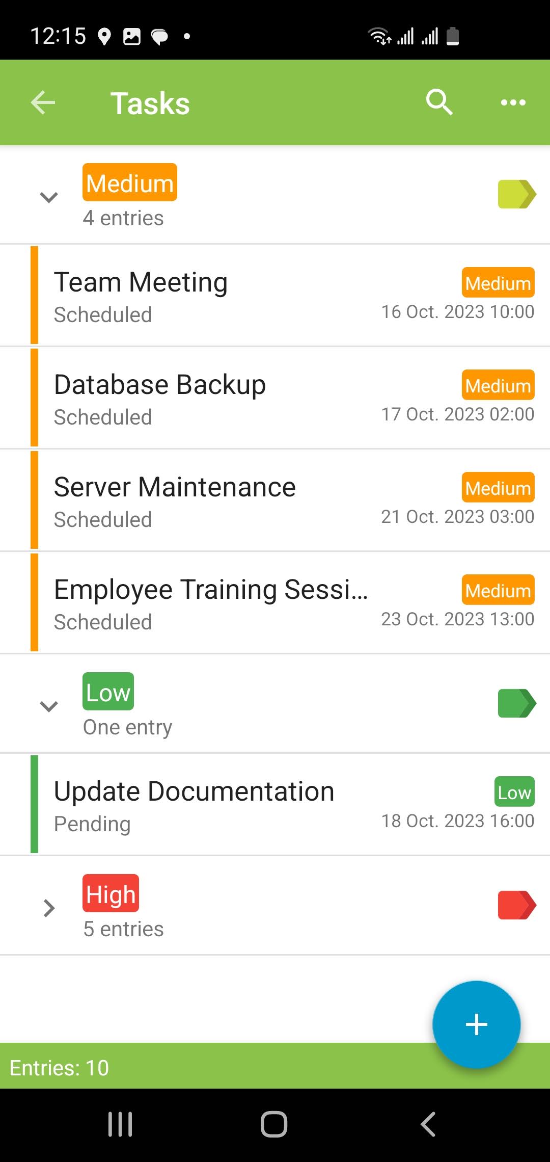 Memento Database list view on mobile device
