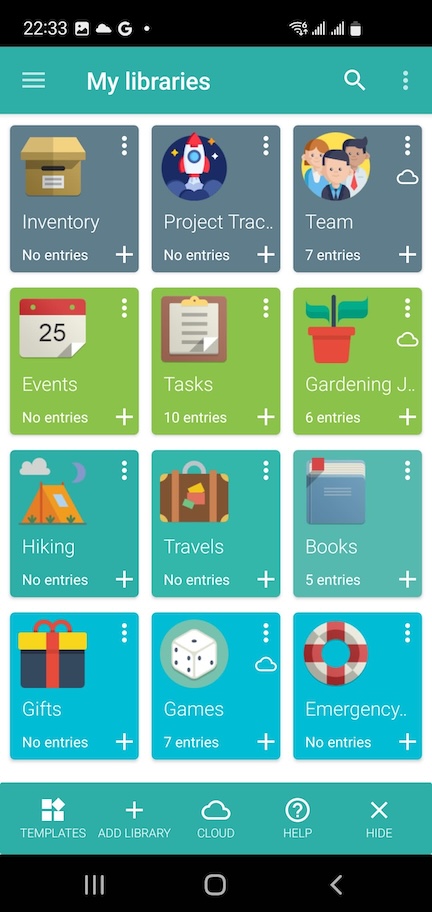 Memento Database mobile app main screen