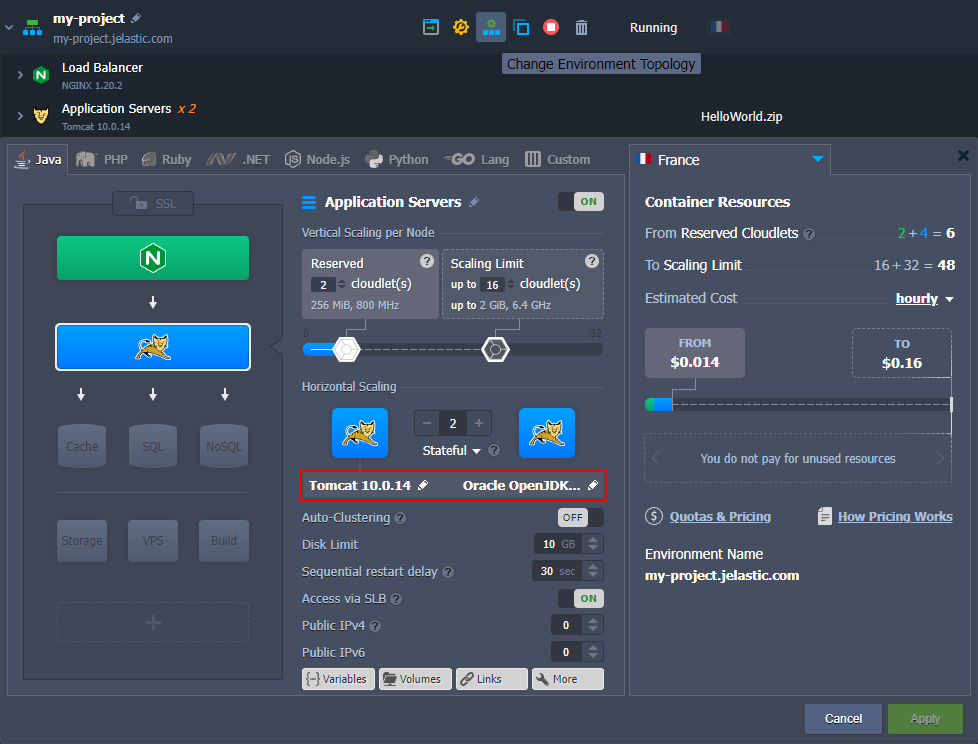 redeploy containers topology wizard