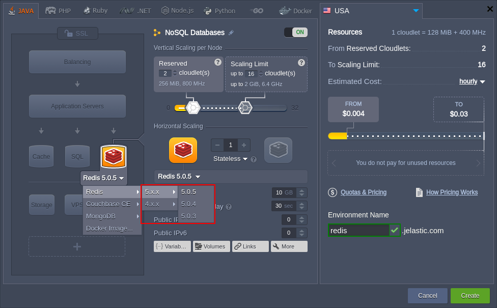 select Redis NoSQL database versions