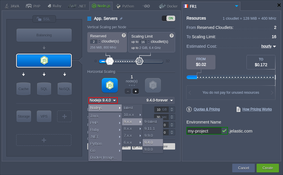 topology wizard select Node.js version