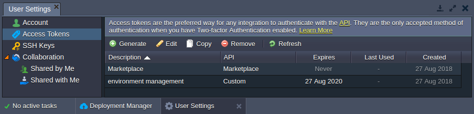 access tokens settings