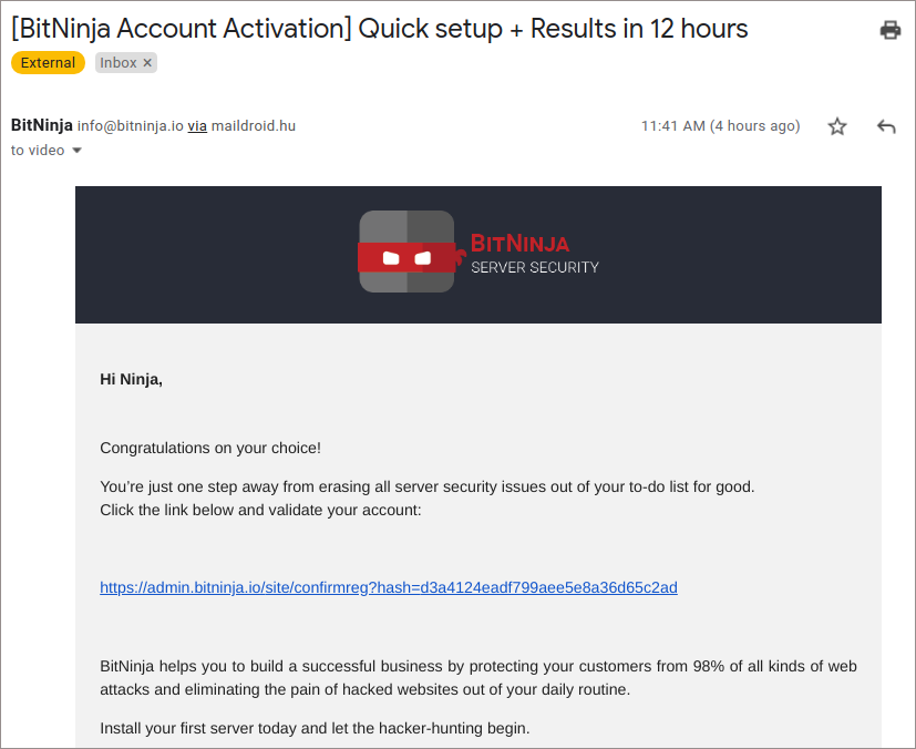 BitNinja account activation email