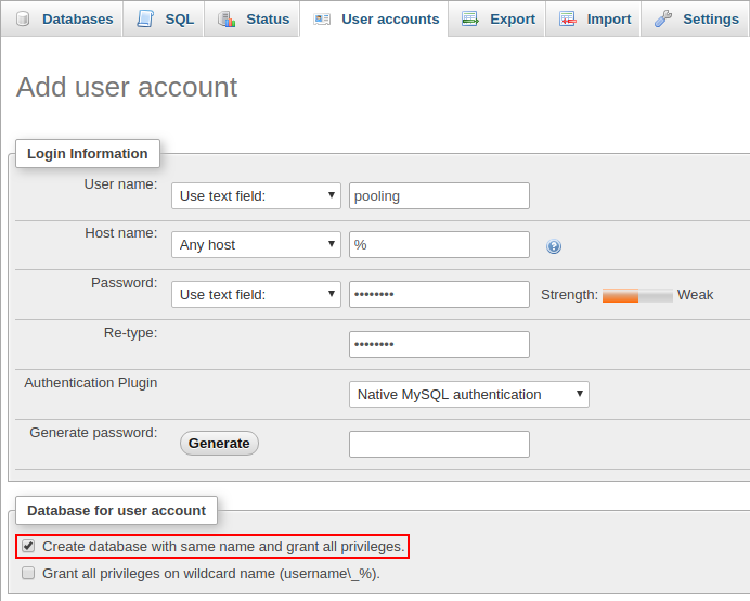 create pooling user and database