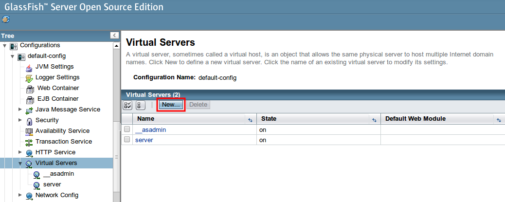 GlassFish admin panel virtual servers