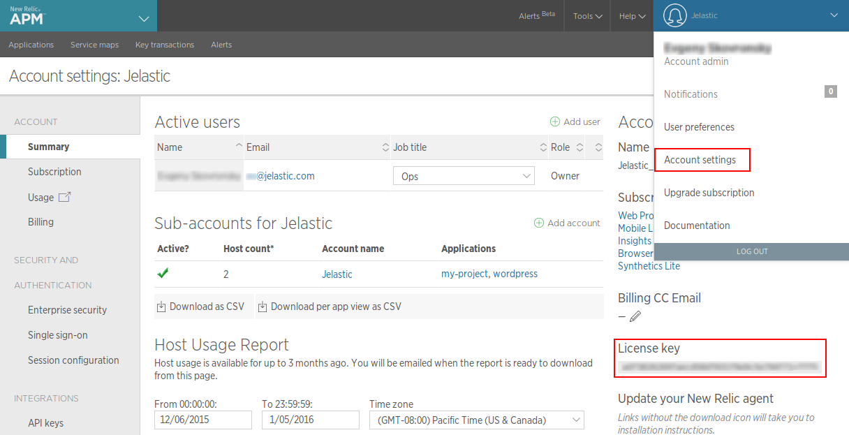 New Relic APM admin panel