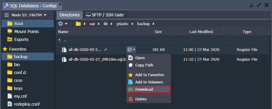 download backups with dashboard