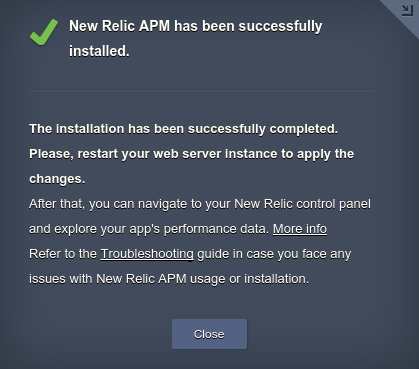 New Relic successfully installed