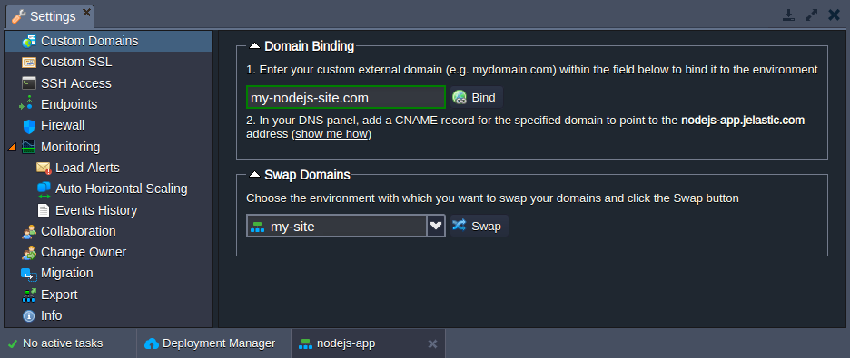 Node.js domain management