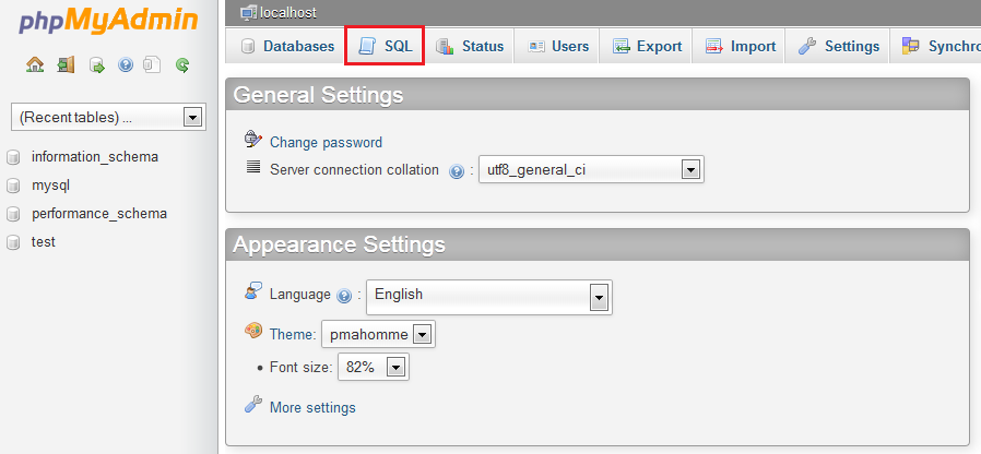 database SQL tab