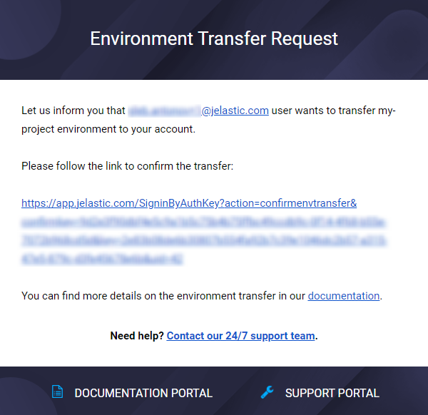 environment transfer confirmation email