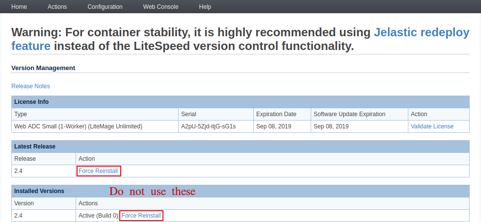 LiteSpeed ADC version management