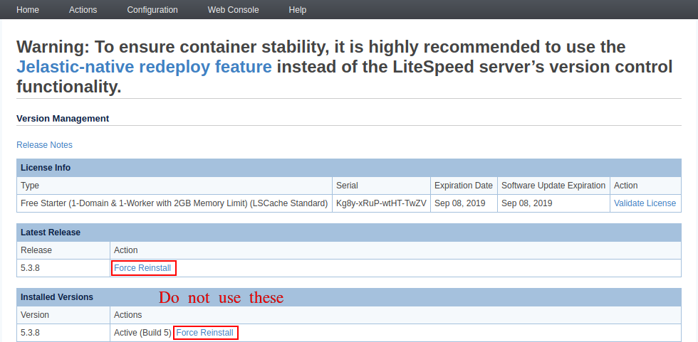 LiteSpeed version management