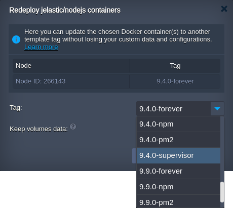 redeploy dialog for Node.js