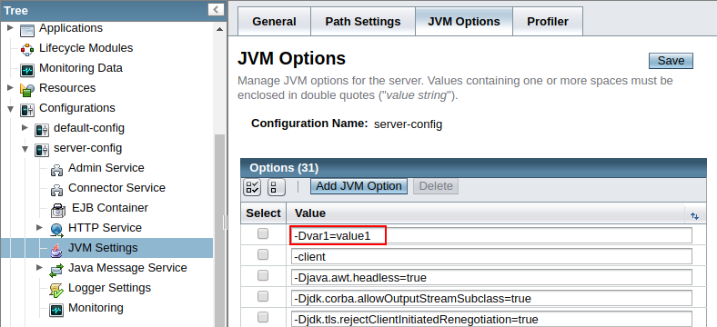 custom variables glassfish admin panel