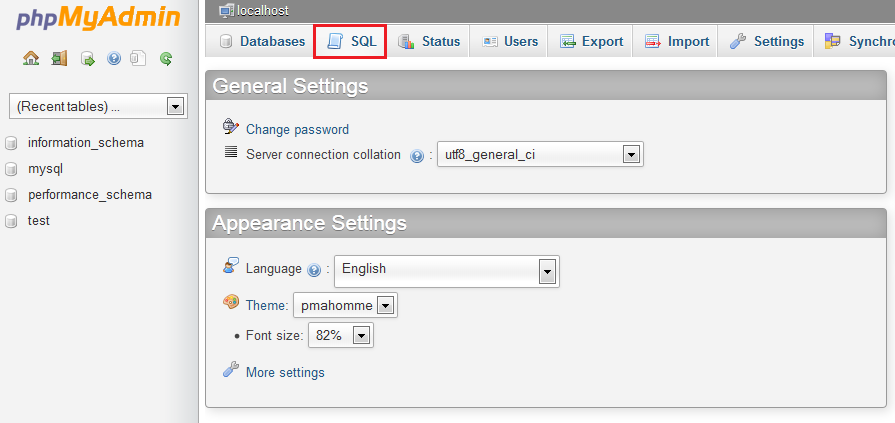 database admin SQL tab