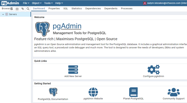 pgAdmin panel