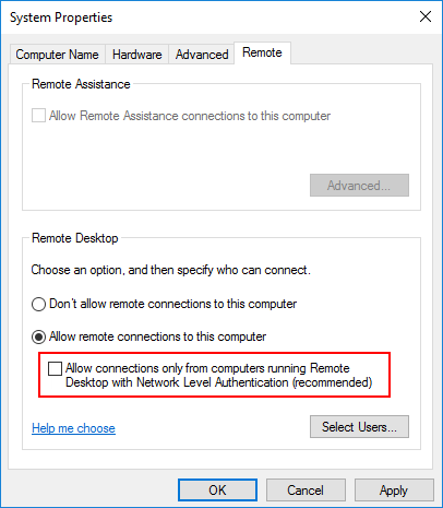 disable network level authentication