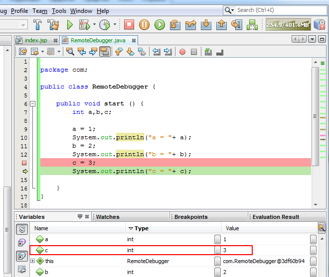 NetBeans break point next line