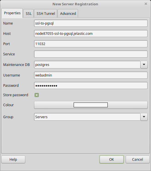 configure properties for connection via pgAdmin3