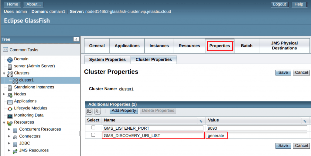 glassfish cluster properties